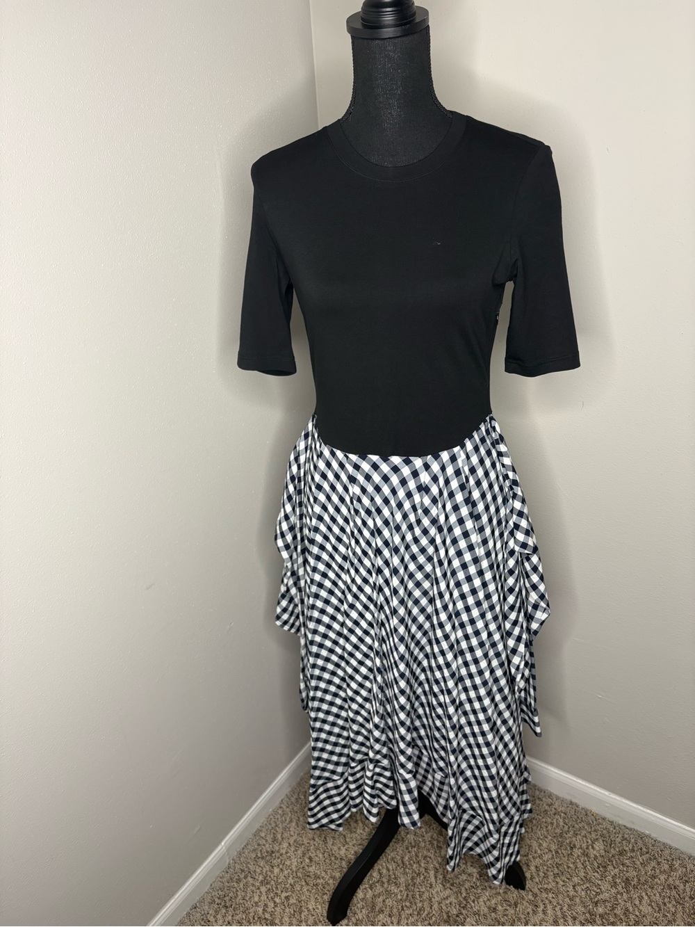 Maje Black and White Gingham Asymmetrical Midi Skirt